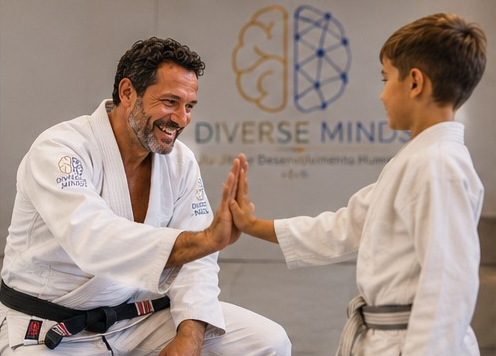 Black-and-white photo of Marcio guiding a child through a Jiu-Jitsu movement on the mat, mid-instruction