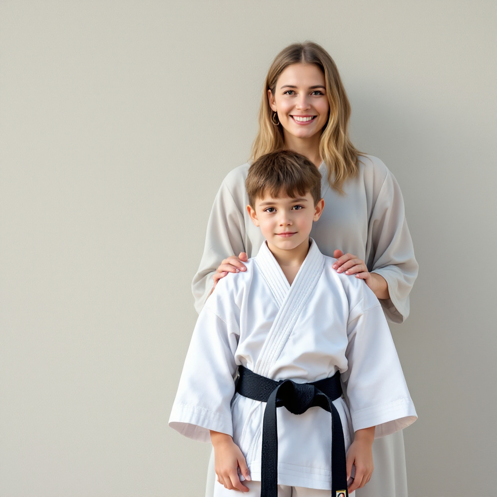 Black-and-white portrait of Renata and her 9-year-old son together off the mat, warm and unguarded