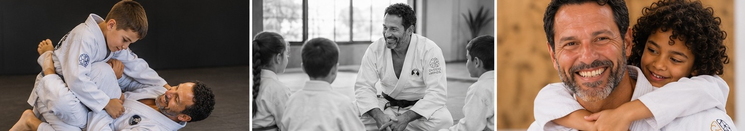 Black and white photograph of a child and coach practicing Jiu-Jitsu together on a mat