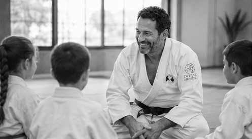 Black-and-white photo of a child mid-roll on the Jiu-Jitsu mat, caught in genuine unposed motion, with a coach's hand steady nearby