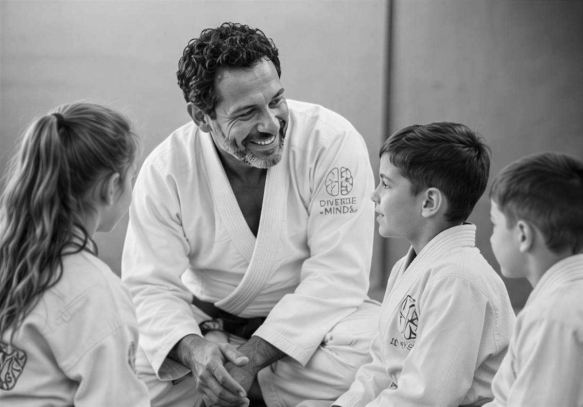 Black-and-white photo of a parent watching their child practice on the mat