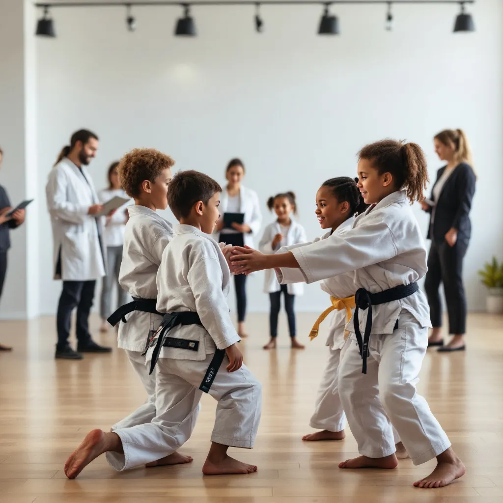 Create an image that fits this description:
diverse kids in a jiu-jitsu class with some behavioral specialists and educators watching and ta