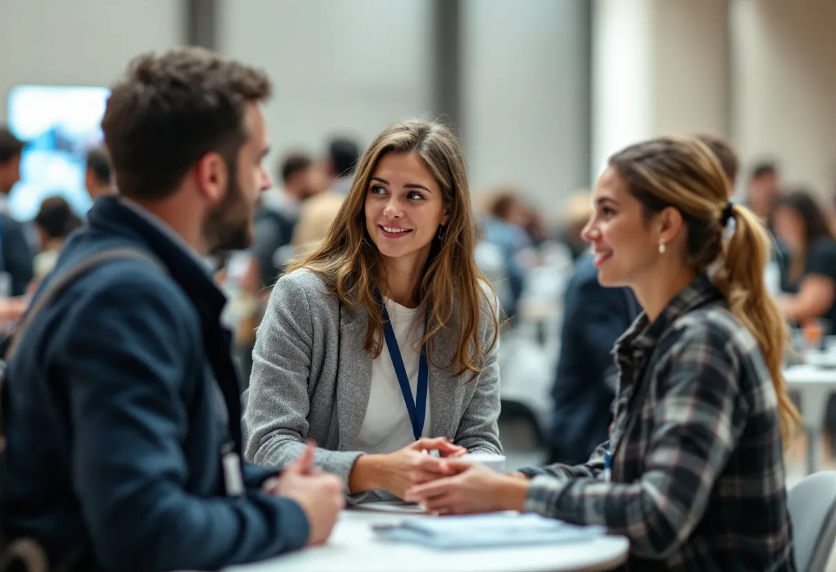 Grupo de mulheres conversando em evento presencial com luz natural