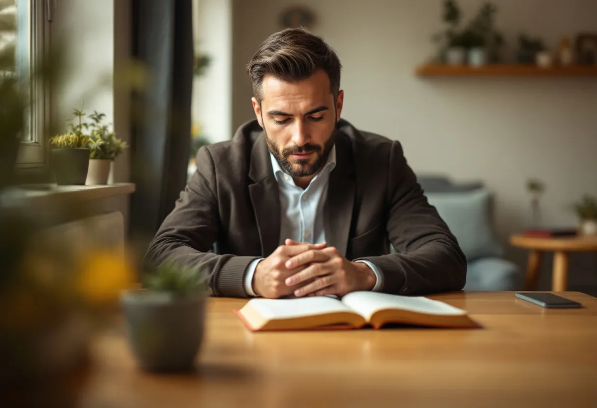 Retrato de homem adulto em ambiente sóbrio, olhar sereno e atento