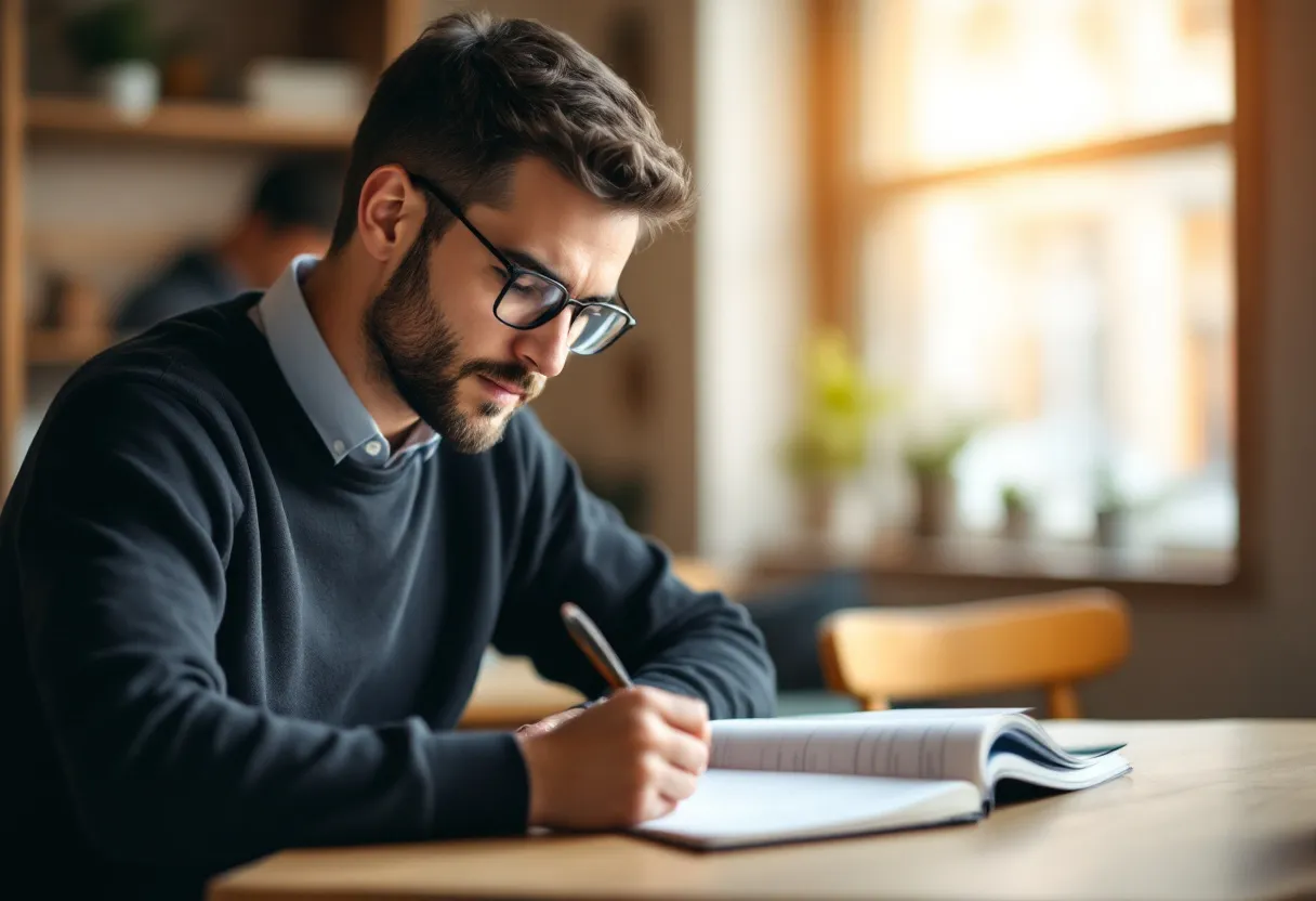 Homem estudando com um caderno aberto em ambiente sóbrio com luz lateral suave