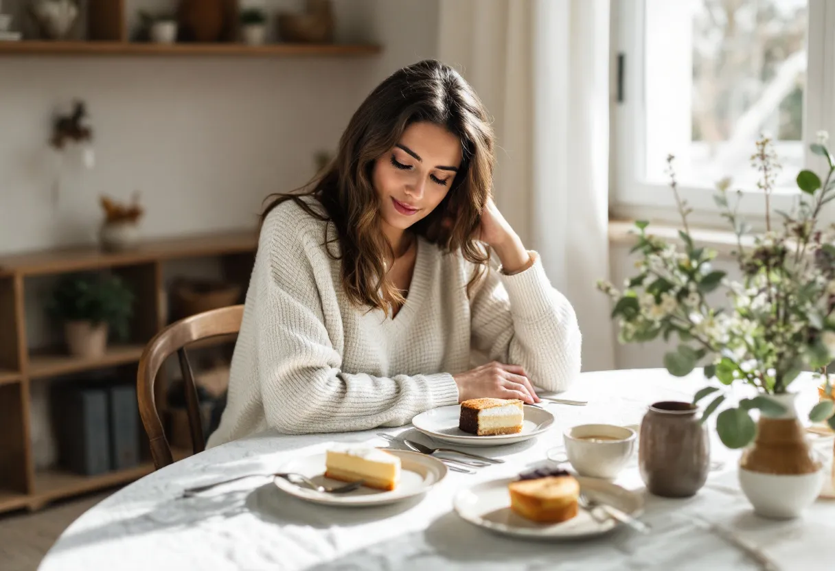 Mulher em ambiente doméstico acolhedor com mesa posta e luz natural