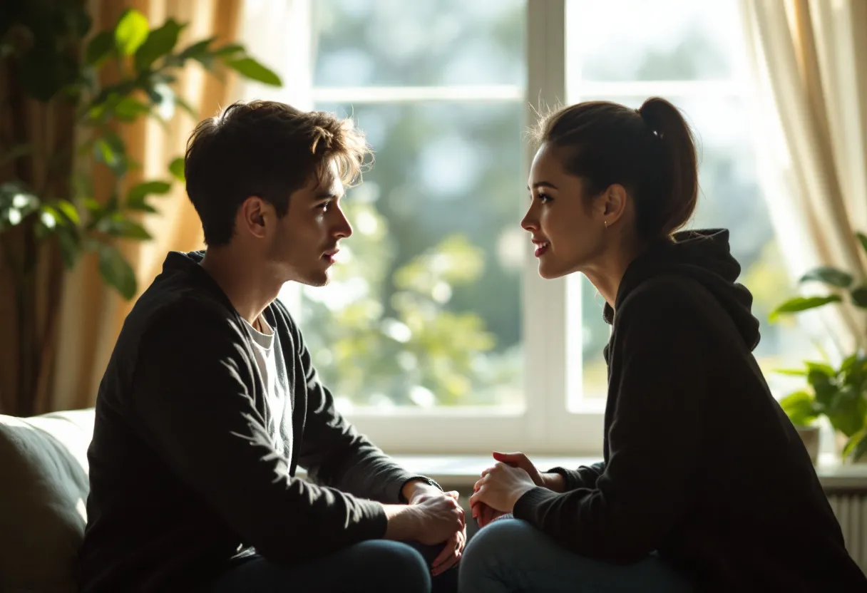 Casal conversando frente a frente em ambiente interno tranquilo