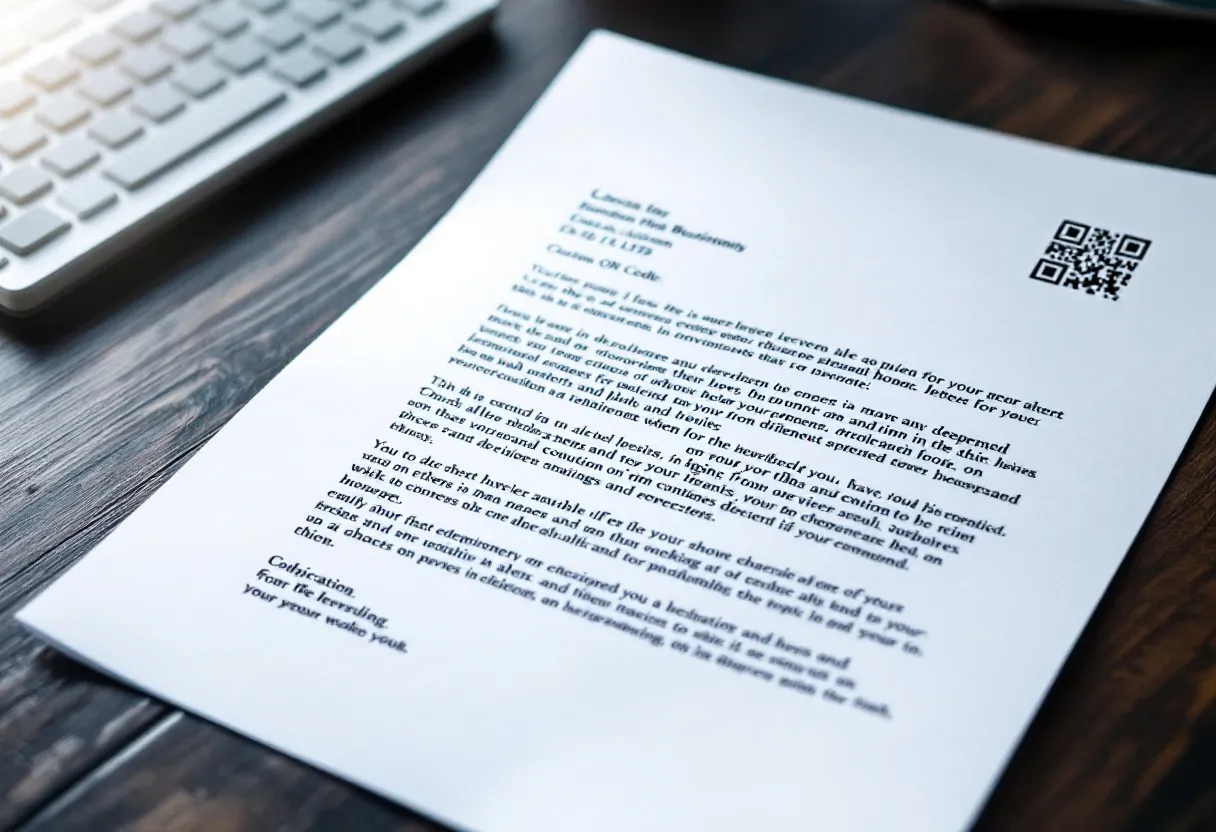 A personalized business letter on paper texture with a QR code in the corner, resting on a dark desk