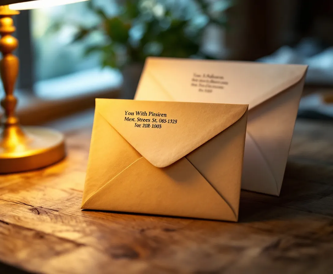 Three overlapping personalized letters addressed to different street addresses, each with a printed QR code, on a wooden desk under warm lam