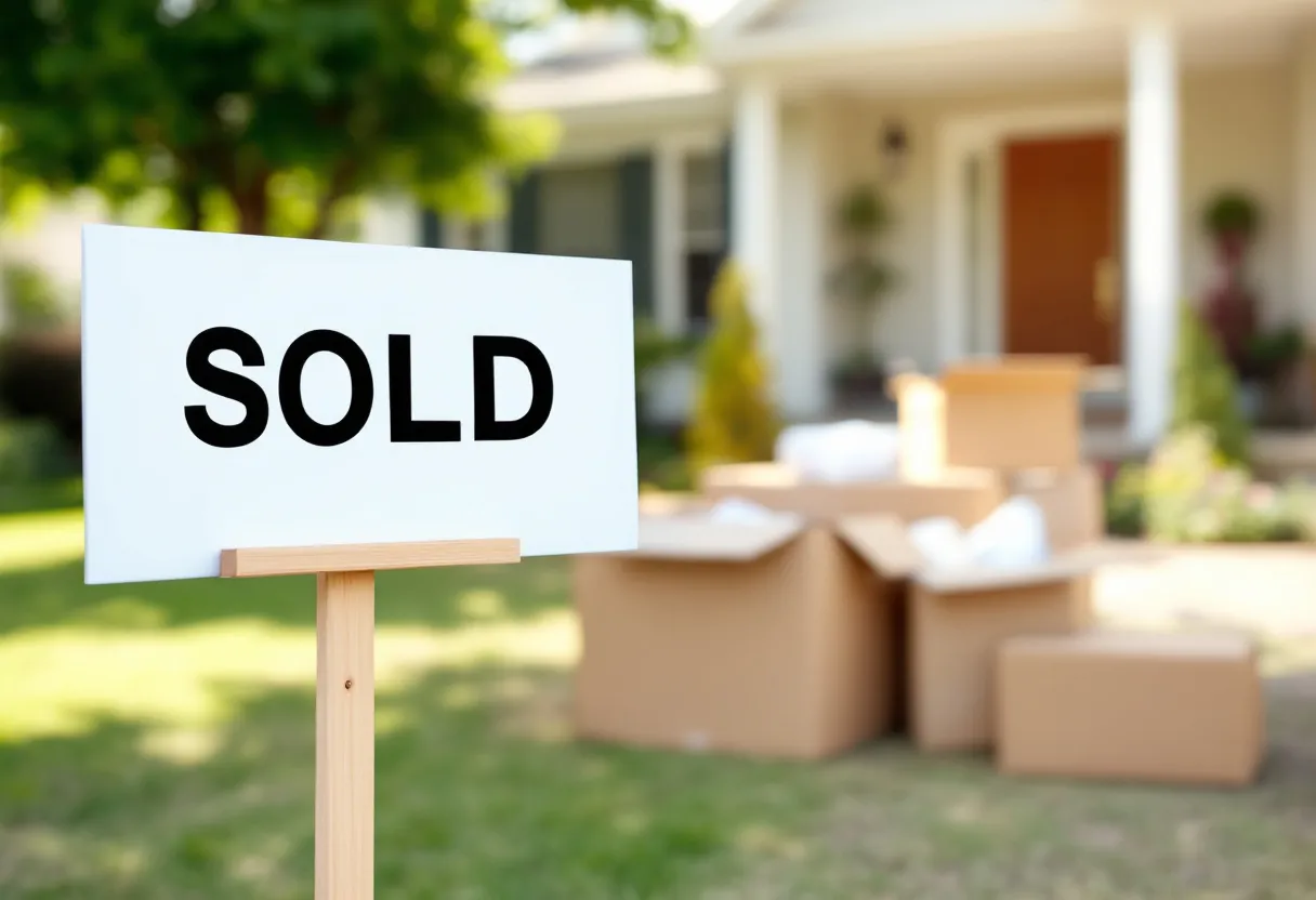 A sold sign post in front of a suburban home with moving boxes near the front door