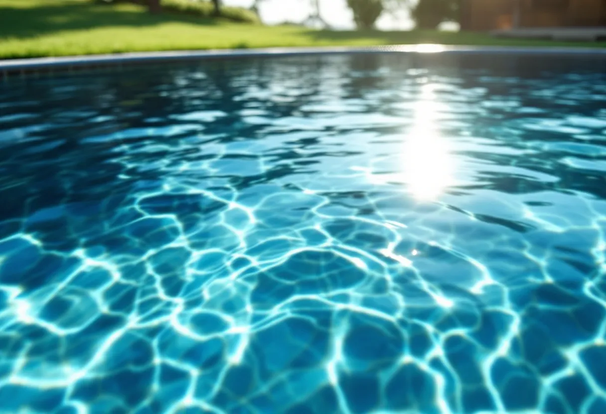 Backyard in-ground pool viewed from above, water reflecting daylight, surrounded by lawn and patio