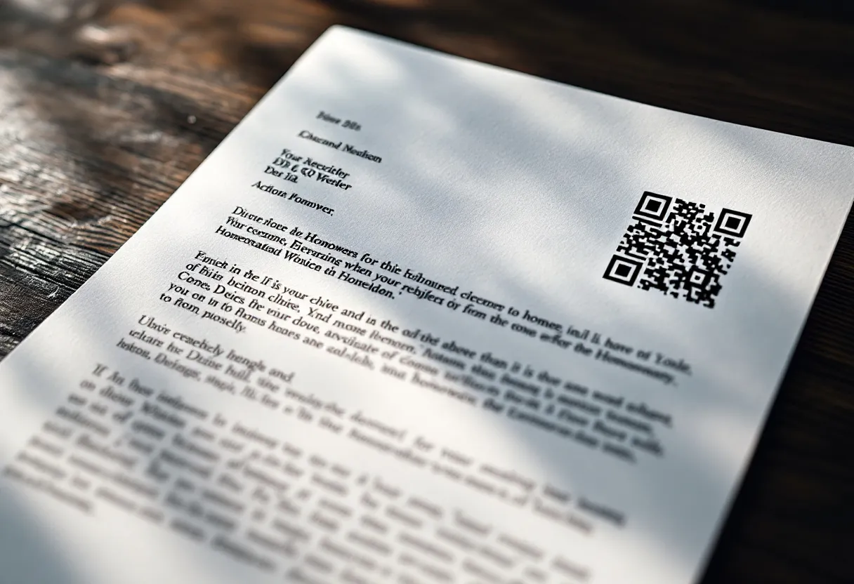 A personalized letter addressed to a homeowner, resting at an angle on a dark desk with a QR code printed in the corner, lit dramatically li