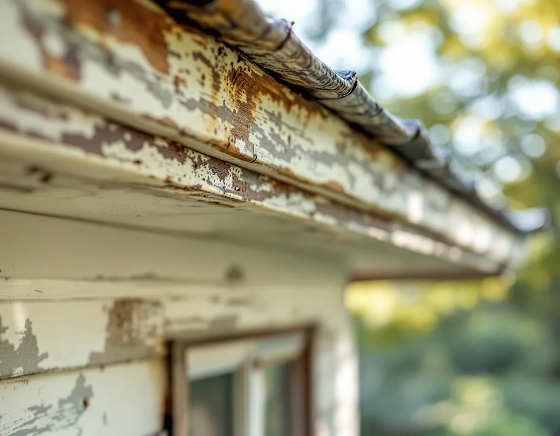 Weathered fascia board, soffit, and gutter line on an aging suburban home's exterior