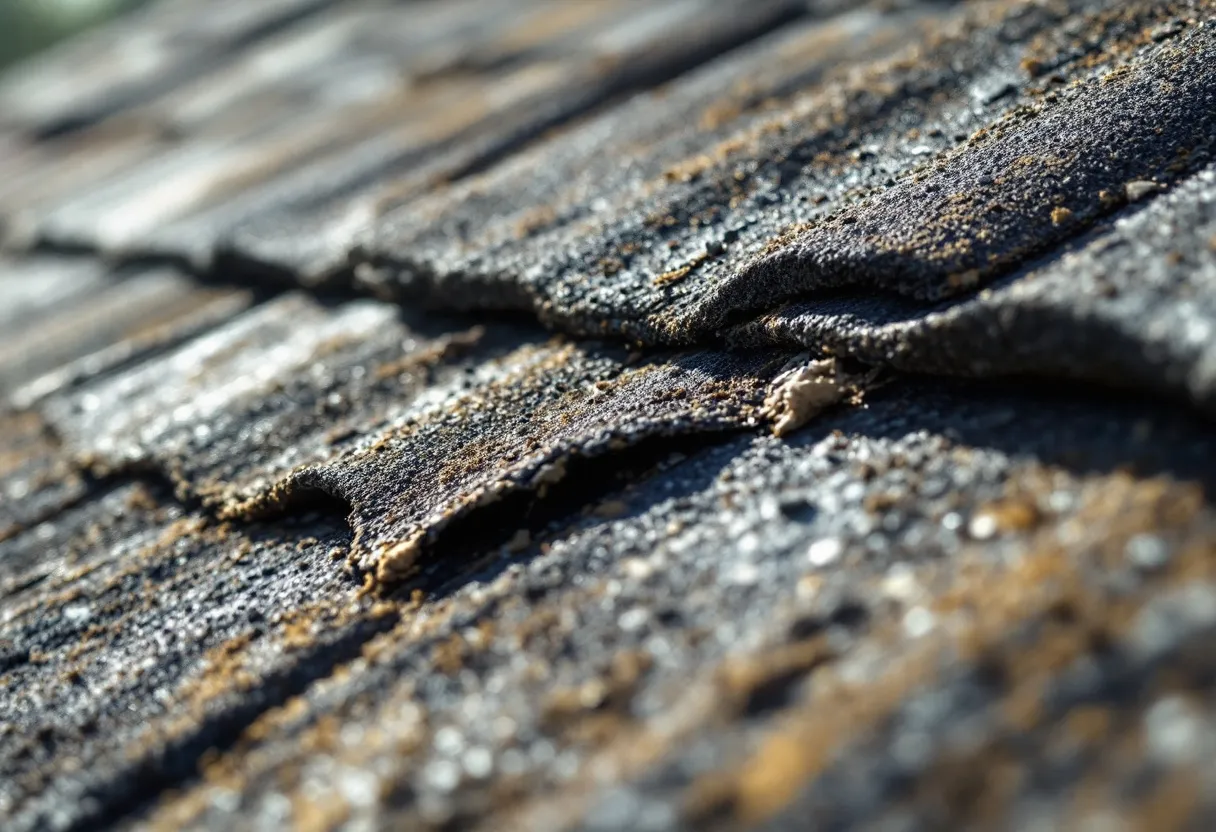 Close low-angle view of an aging asphalt shingle roof with granule loss and curling edges in raking light