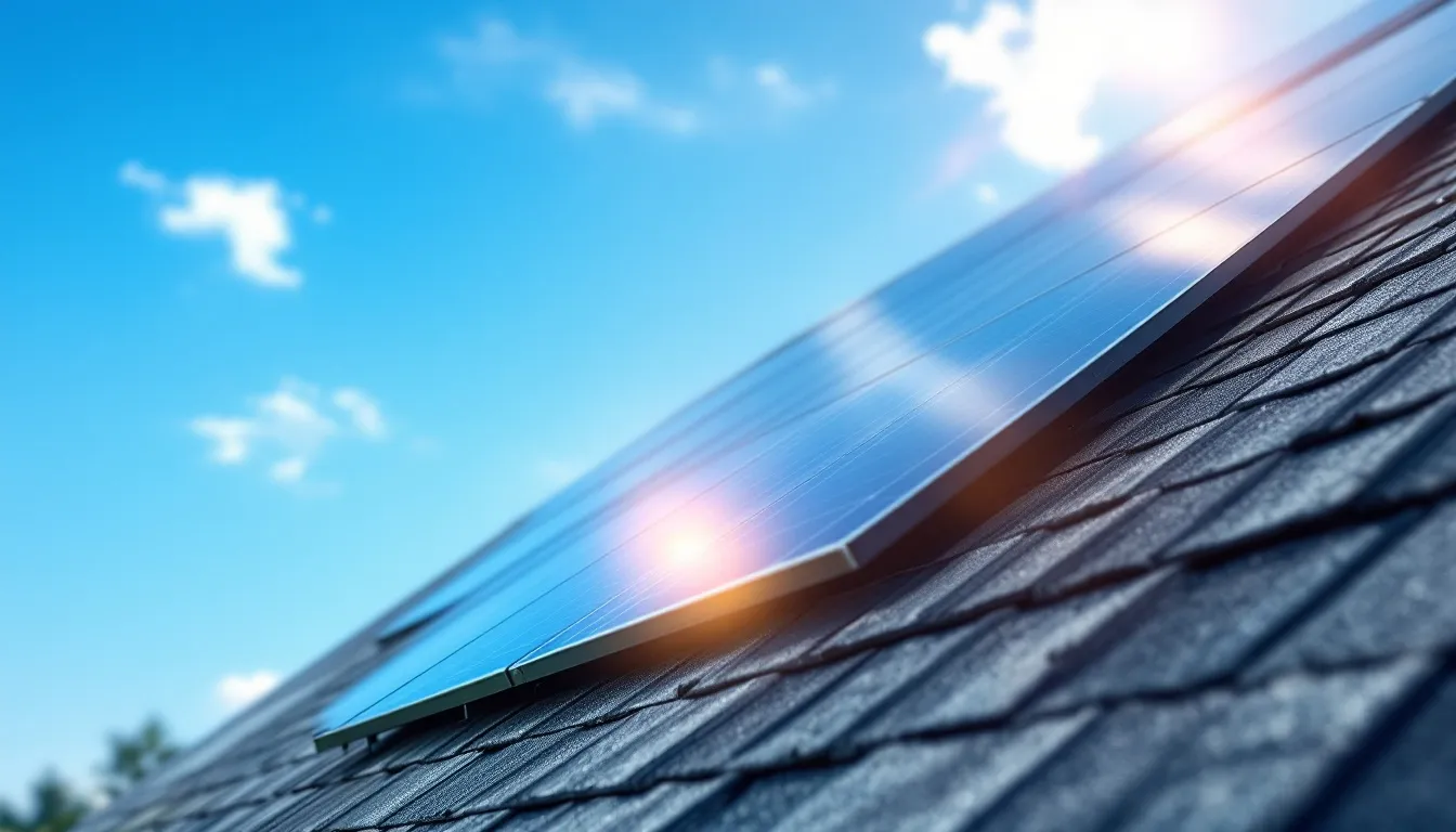 Sunlit suburban rooftop with solar panels installed, shown at an angle
