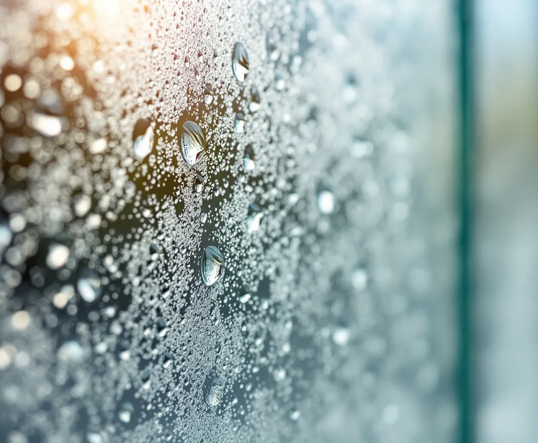 Close-up of a glass shower door with hard-water mineral buildup and spots