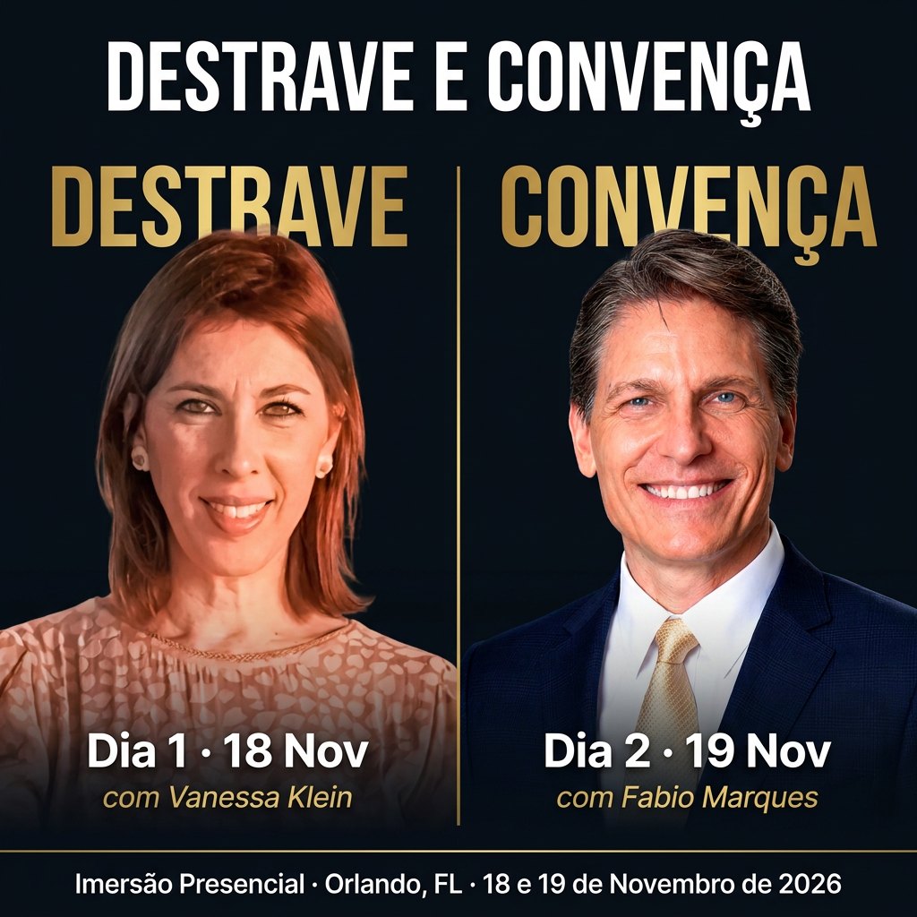 Destrave e Convença: Dia 1, 18 de novembro, com Vanessa Klein; Dia 2, 19 de novembro, com Fabio Marques. Imersão presencial em Orlando, FL.