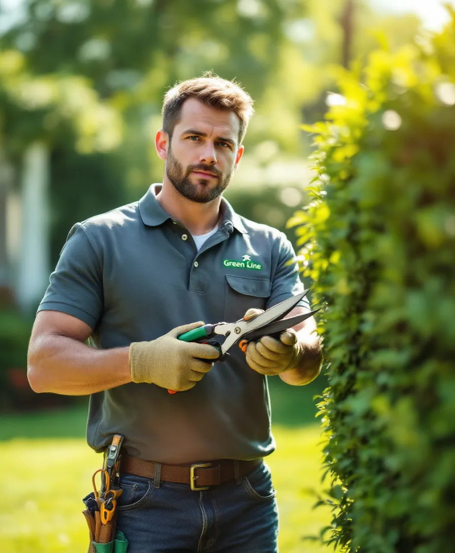 Green Line Lawn Care crew member in a company polo shirt trimming a hedge with manual shears in a sunny front yard